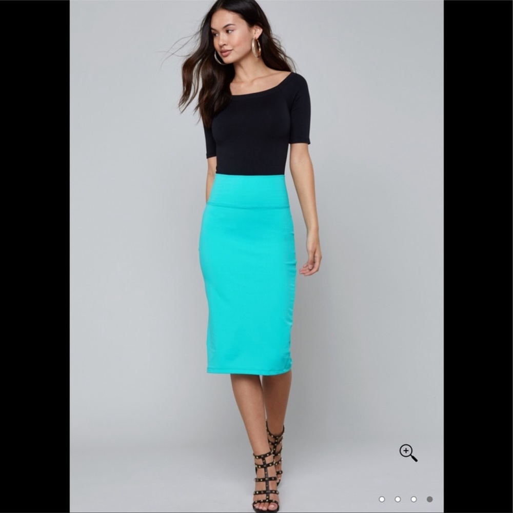 Bebe Aqua Teal Midi High Waist Slit Back Skirt - Picture 3 of 6